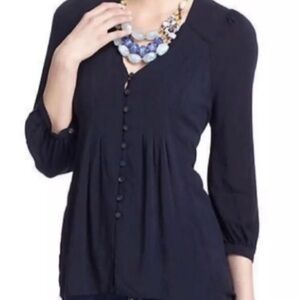 Anthropologie Navy Blue Button-Up Blouse with Rounded Collar Size 4